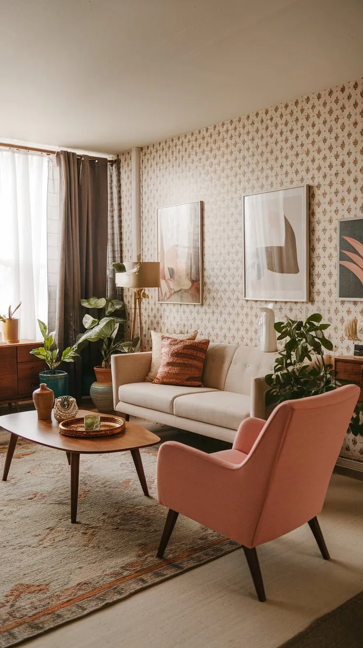 Mid-century modern meets boho chic in this cozy living room. The patterned wallpaper, plush beige sofa, and pops of pink create a vibrant yet relaxed atmosphere, perfectly complemented by the warm wood tones and lush greenery. A testament to the beauty of blending styles.