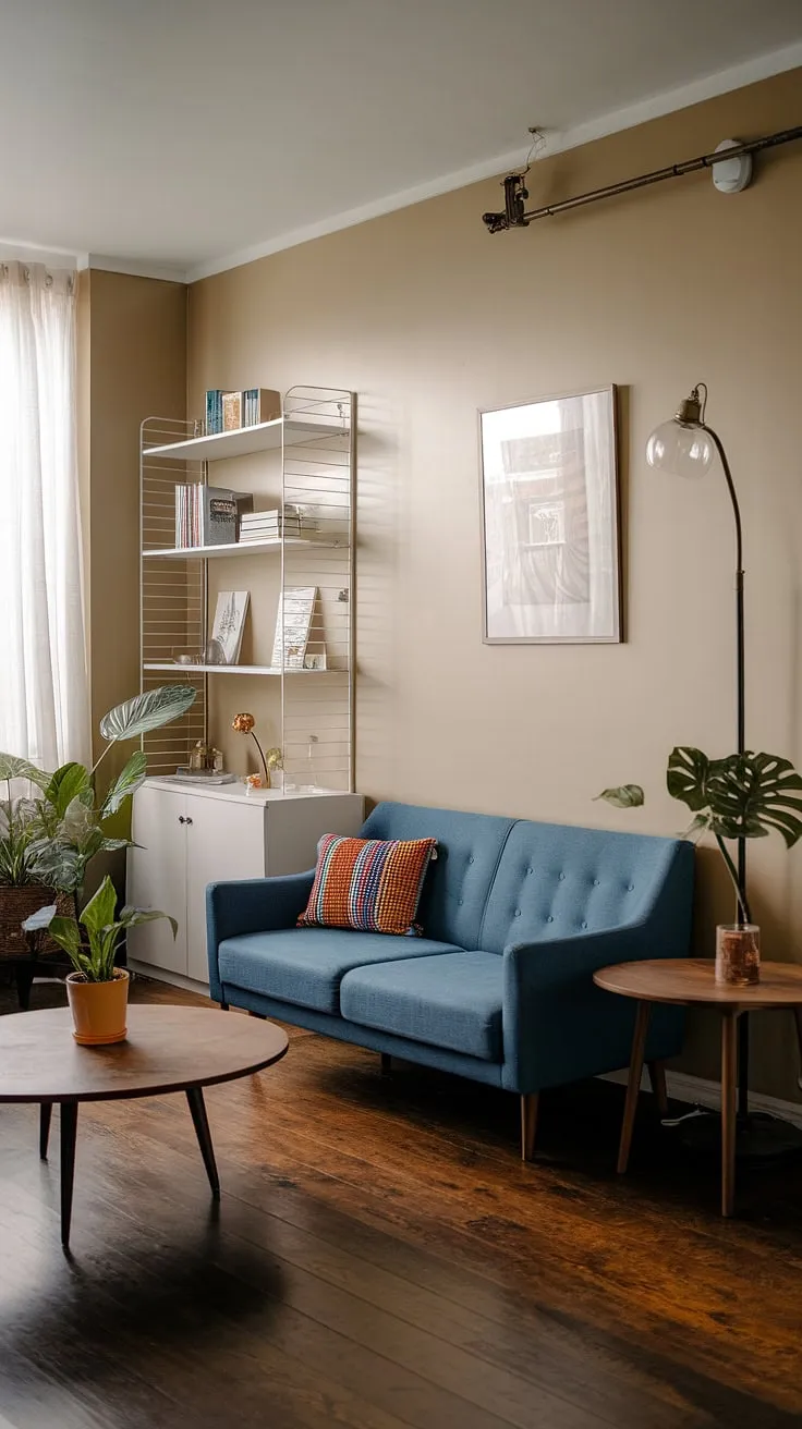 Mid-century modern meets boho chic in this cozy apartment living room. The blue sofa, vibrant pillows, and warm wood tones create a space that's both stylish and inviting. A touch of vintage adds character, while the potted plant brings a breath of fresh air. This is where comfort and style seamlessly blend.