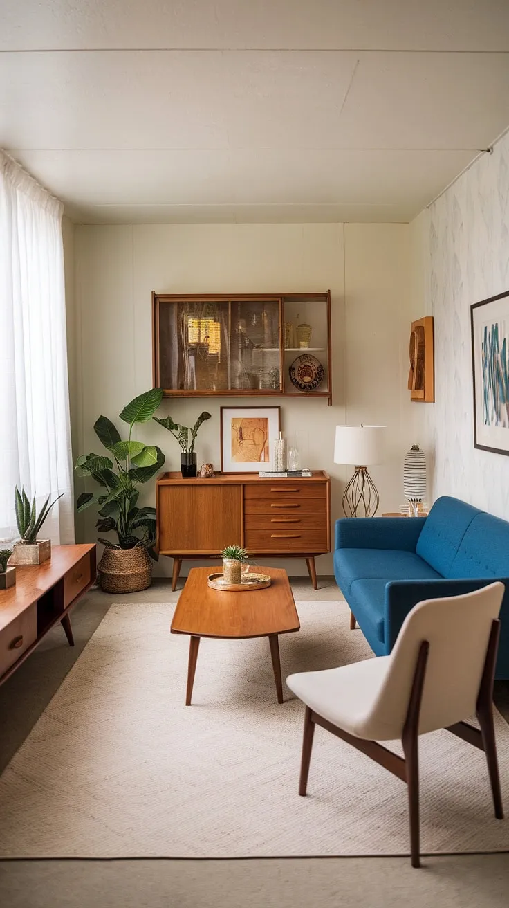 Cozy mid-century modern living, maximizing space and style with a vibrant blue sofa, a touch of white, and warm wood tones. The perfect blend of comfort and curated design. A testament to how even a small space can feel expansive.