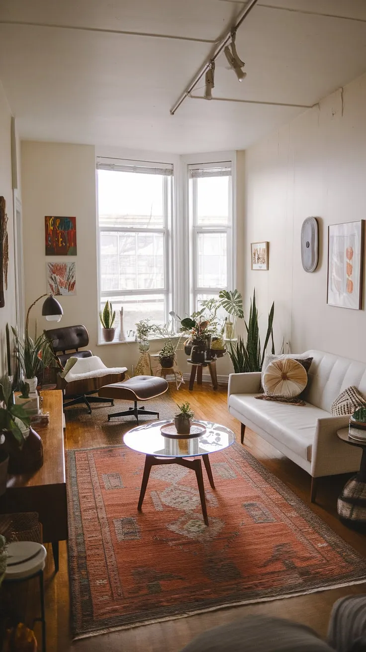 Sunlight streams through the window, illuminating the mid-century modern charm of this cozy apartment living room. The vintage rug, eclectic art, and lush greenery create a boho haven, perfectly complemented by the clean lines of the white sofa and glass-topped coffee table. A perfect blend of vintage finds and modern comfort.