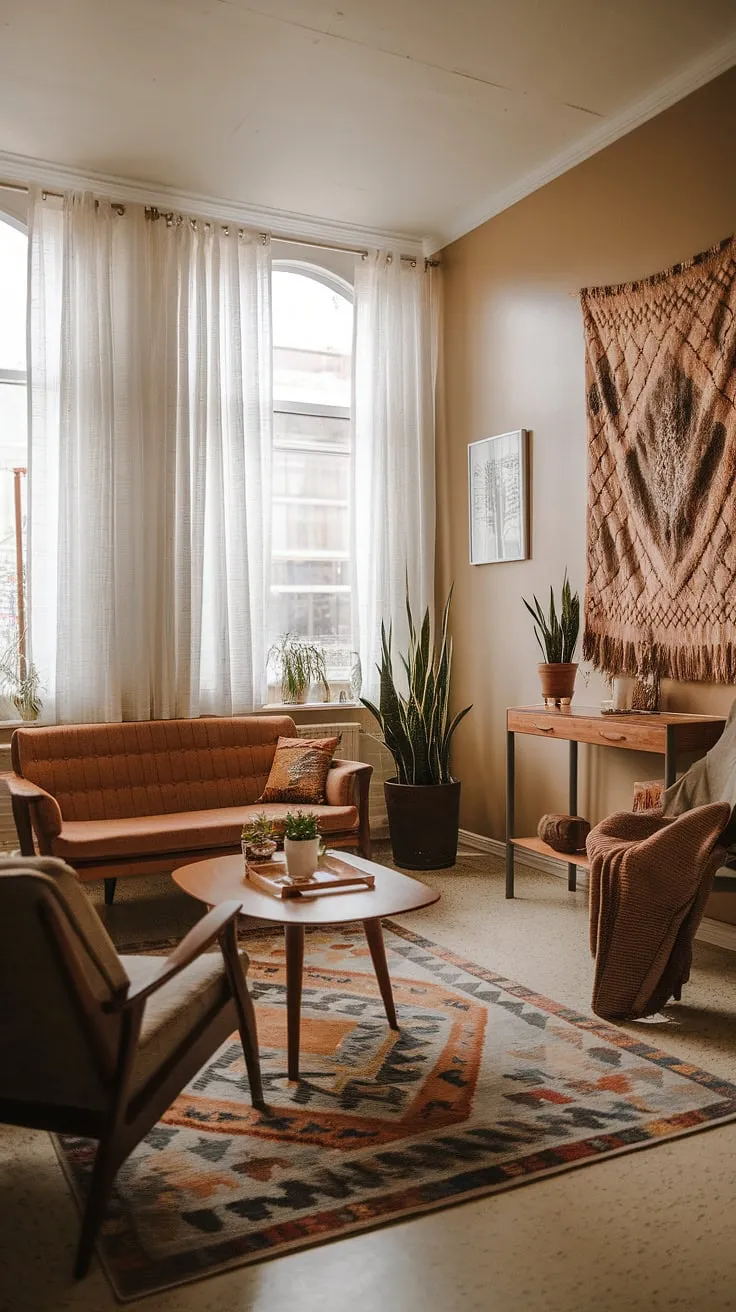 This compact living room effortlessly blends mid-century modern style with bohemian flair. The beige walls provide a neutral backdrop for the vibrant tapestry and the carefully chosen furniture. Natural light floods the space, highlighting the textures and patterns of the rug and the plants, creating a calm and inviting ambiance. A perfect example of how to maximize space and style in a small apartment.