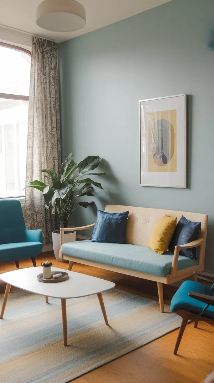 Sunlight streams into this cozy mid-century modern living room, where pops of blue and yellow brighten the space. The light wood sofa and blue accent chair create a relaxed atmosphere, perfectly complemented by the boho touches and a calming blue wall. A touch of nature completes the scene.