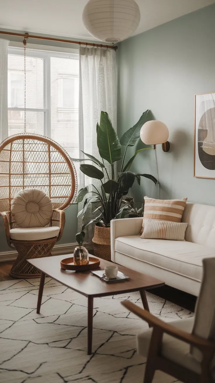 Sunlight streams into this airy mid-century modern apartment, illuminating the calming blue walls and the eclectic mix of boho and modern furniture. A white sofa, wooden coffee table, and wicker chair create a cozy and inviting space, perfectly complemented by a large potted plant and a stylish mid-century lamp. This is where comfort meets style.