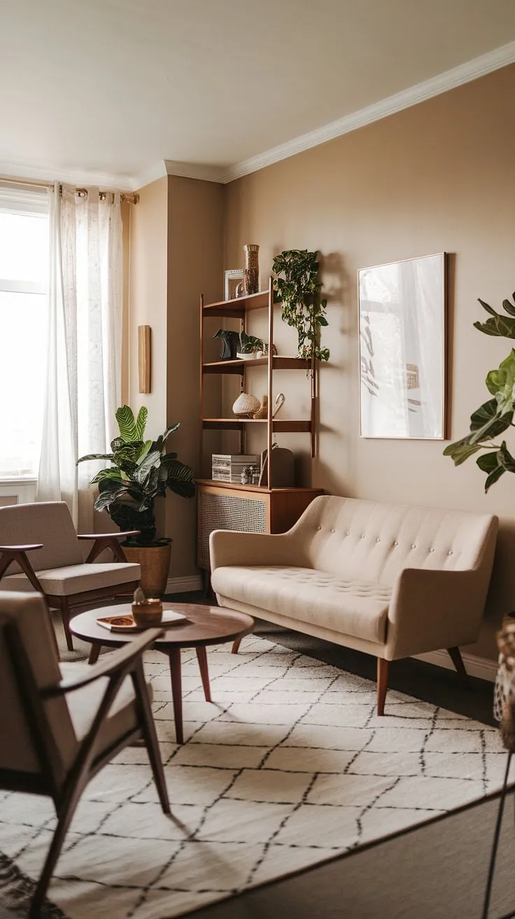 This small apartment living room proves that big style doesn't require big space. A neutral palette, mid-century modern furniture, and carefully chosen bohemian accents-like the textured throw pillows and vibrant plant-come together to create a sophisticated and relaxing atmosphere. A testament to thoughtful design.