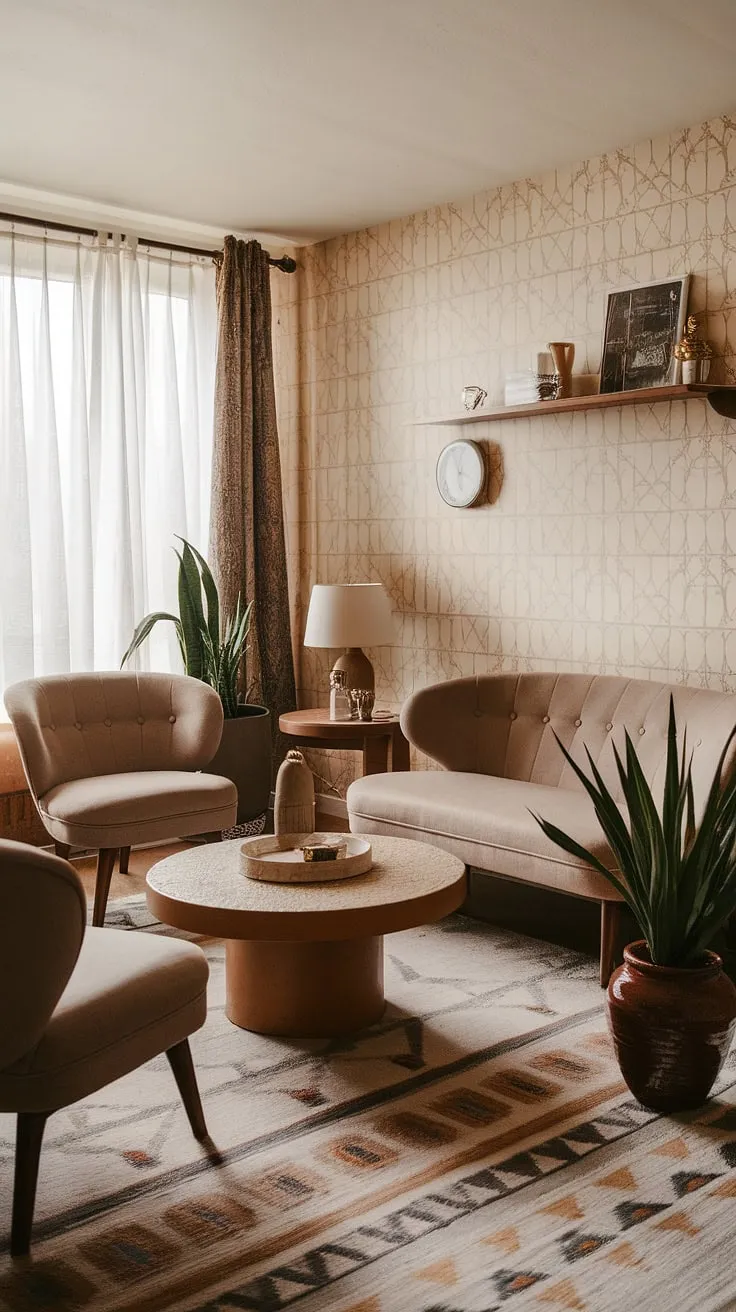 Mid-century modern meets boho chic in this cozy living room. The curved lines of the furniture and the geometric rug create a harmonious blend of styles, while the patterned wallpaper and pops of greenery add warmth and personality. A perfect space for relaxation and connection.
