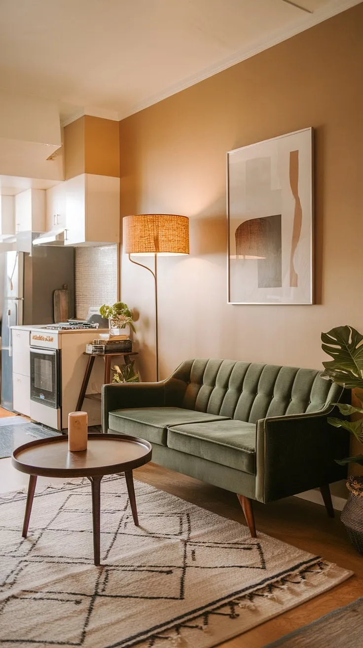 This a space proves that small can be mighty! A curated collection of mid-century modern furniture and bohemian accents transforms this compact living room into a haven of style and comfort. The soft beige walls and pops of green create a calming and sophisticated atmosphere.