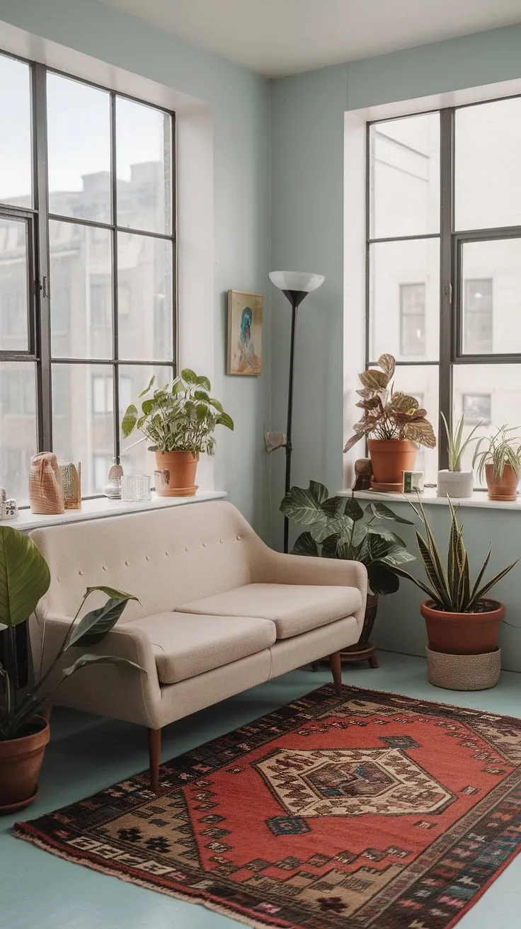 This compact living room effortlessly blends mid-century modern furniture with boho accents. The light blue walls and large windows showcasing the cityscape create a bright and airy feel. A carefully curated collection of plants and decorative items adds personality, while the vintage rug grounds the space in warmth and texture. It's the perfect example of how less can be more.