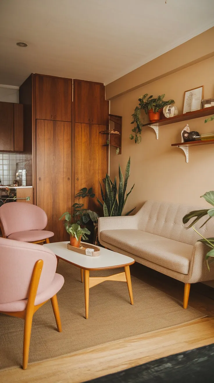 This small apartment living room proves that big style doesn't require big space. The mid-century modern aesthetic shines through in the furniture's clean lines and warm tones, complemented by pops of pink and carefully chosen accessories. A testament to thoughtful design and comfortable living.