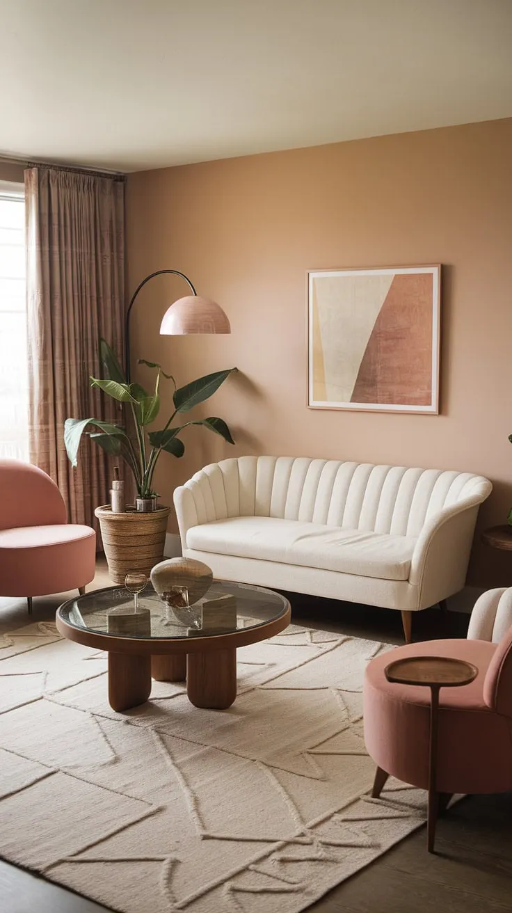 Curved lines and warm textures define this charming boho-inspired living room. The white sofa and round coffee table create a sense of airy openness, while the pink chair adds a pop of color. Subtle details, like the geometric rug and carefully chosen accessories, complete the effortlessly stylish look. A perfect blend of vintage and contemporary design.