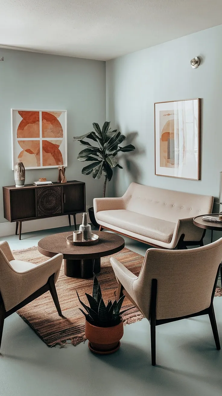 Mid-century modern meets boho chic in this cozy apartment living room. The light blue walls and dark wood accents create a calming atmosphere, perfectly complemented by the textured rug and lush potted plant. A perfect blend of vintage and contemporary design.