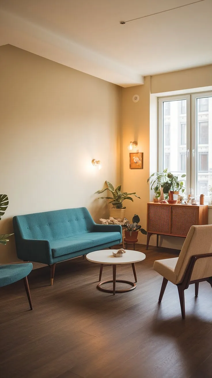 Mid-century modern living at its finest. The teal sofa, warm lighting, and thoughtful details create a cozy and sophisticated space, perfectly reflecting a curated aesthetic. This apartment effortlessly blends comfort and style.