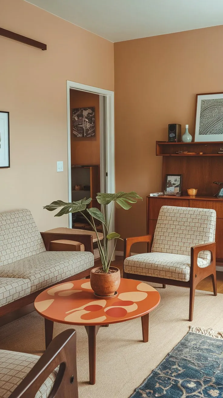 This mid-century modern living room is a masterclass in understated elegance. The carefully curated furniture, featuring a striking beige and orange pattern, creates a sense of calm and sophistication. The addition of a vibrant green plant introduces a lively contrast, while the blue rug adds a touch of unexpected whimsy. A simple yet effective design, this room perfectly balances form and function, showcasing the enduring appeal of mid-century style. A space to relax and unwind.