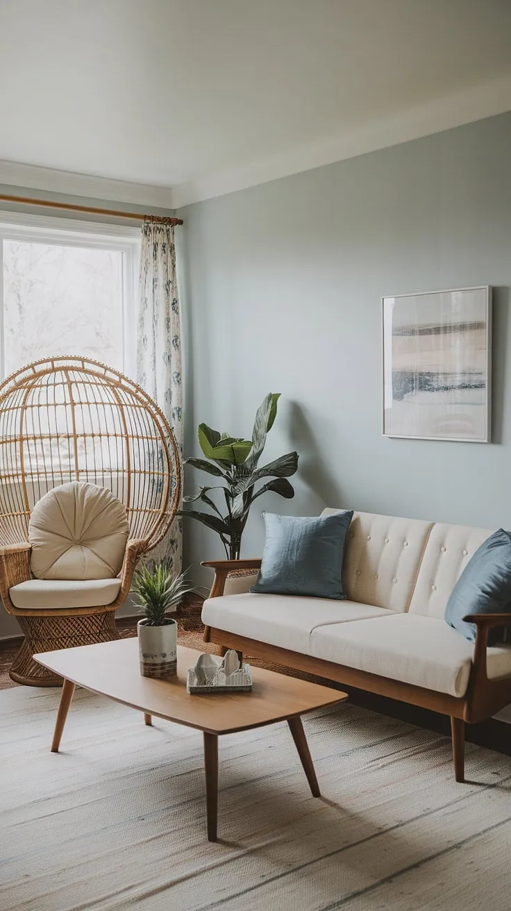 Sunlight streams into this charming space, illuminating the carefully curated blend of mid-century furniture and bohemian accents. The beige sofa, wicker chair, and wooden coffee table create a relaxed and inviting ambiance, a perfect spot for unwinding after a long day. A true haven of calm.