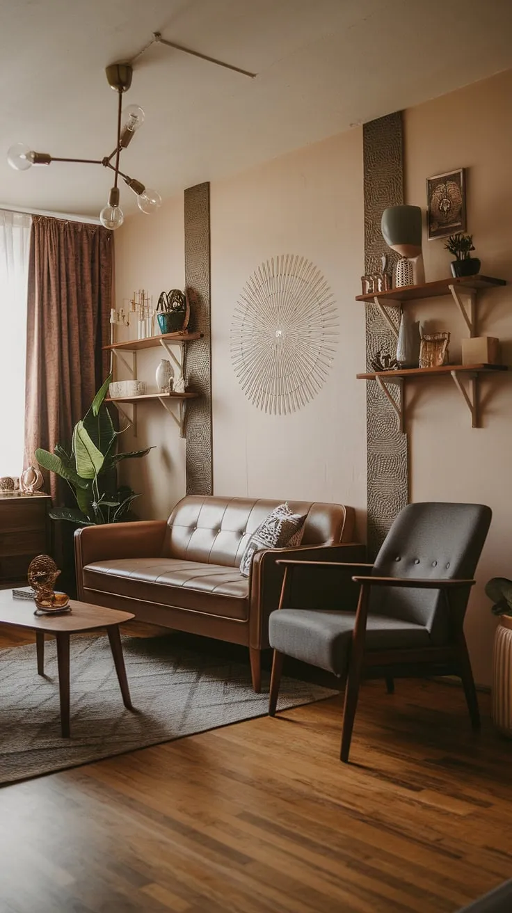 This small apartment living room proves that big style doesn't require big space. A curated collection of mid-century modern furniture and boho accents creates a warm and inviting atmosphere. The soft lighting and unique wall pattern add depth and character, while the strategically placed plant brings a touch of nature indoors. A testament to thoughtful design and comfortable living.