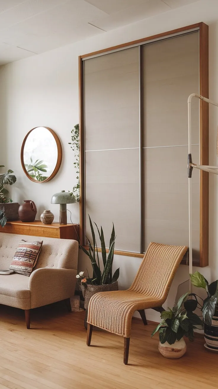Mid-century modern meets boho chic in this cozy living room. The warm wood tones, woven textures, and pops of pattern create a space that's both stylish and inviting. A perfect blend of vintage charm and relaxed comfort.
