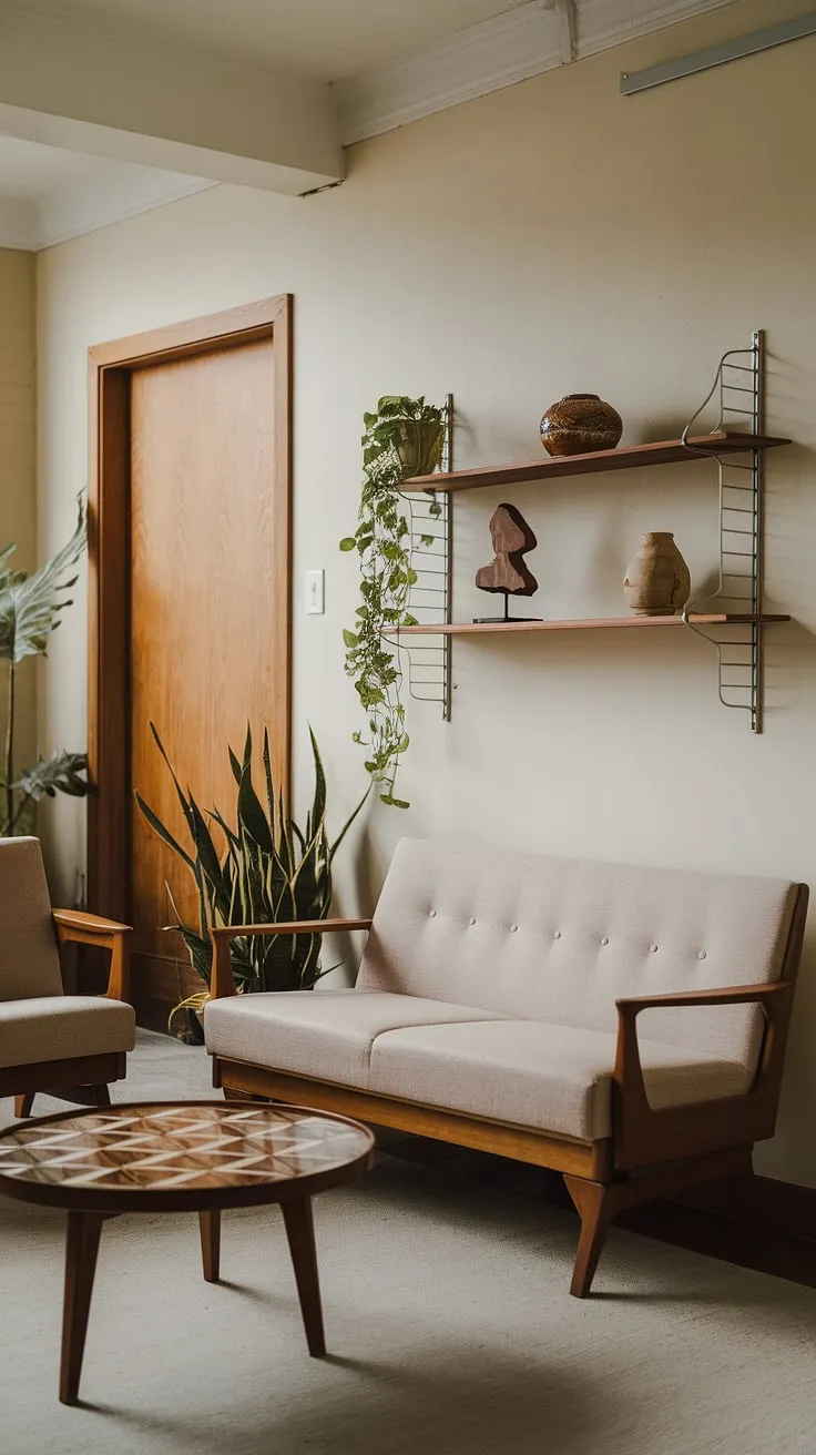 This small but perfectly formed mid-century modern living room is a testament to the power of simple elegance. The neutral palette, punctuated by carefully chosen accessories, creates a sense of calm and sophistication. The room's functionality is undeniable, while the attention to detail, from the geometric coffee table to the strategically placed plants, elevates it to a space of understated luxury. A true haven of tranquility.