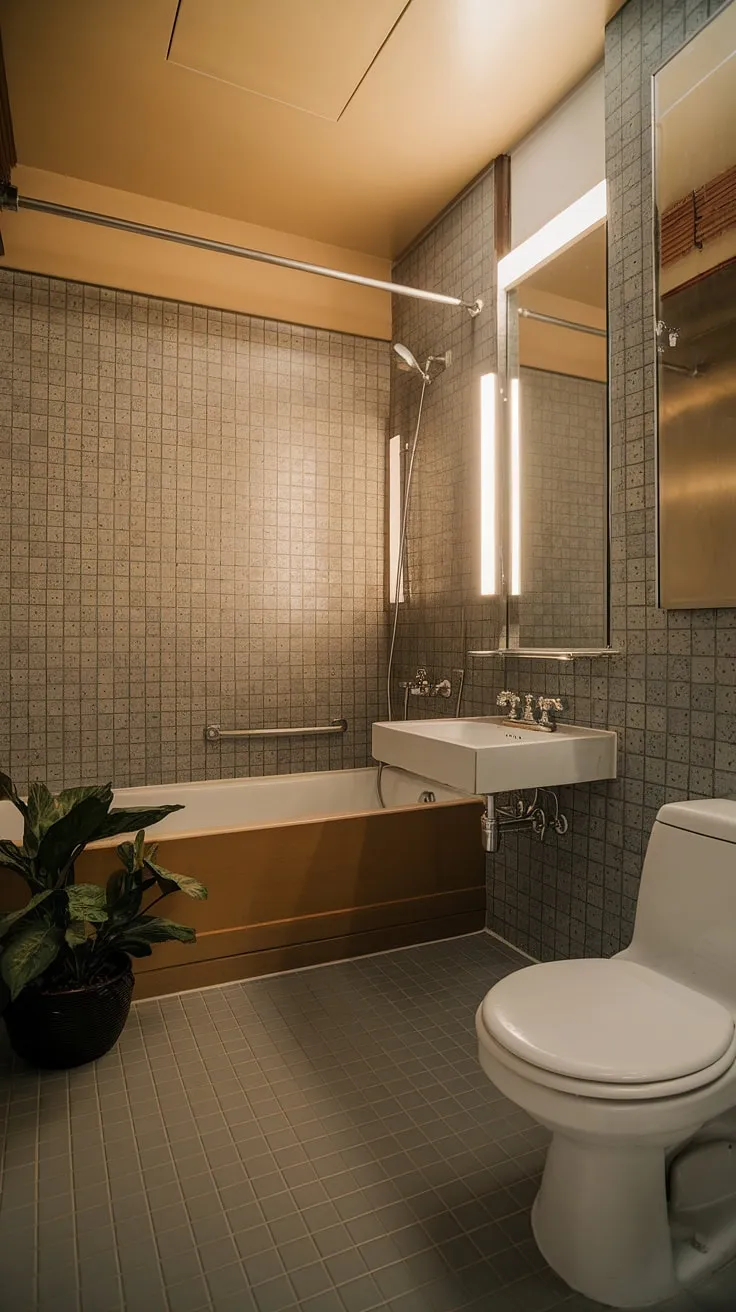 Step back in time with this mid-century modern bathroom, where sophisticated design meets timeless elegance. The textured walls, warm lighting, and carefully chosen details create a sanctuary of calm. A touch of nature, courtesy of the potted plant, completes this perfectly curated space. A true testament to classic style.