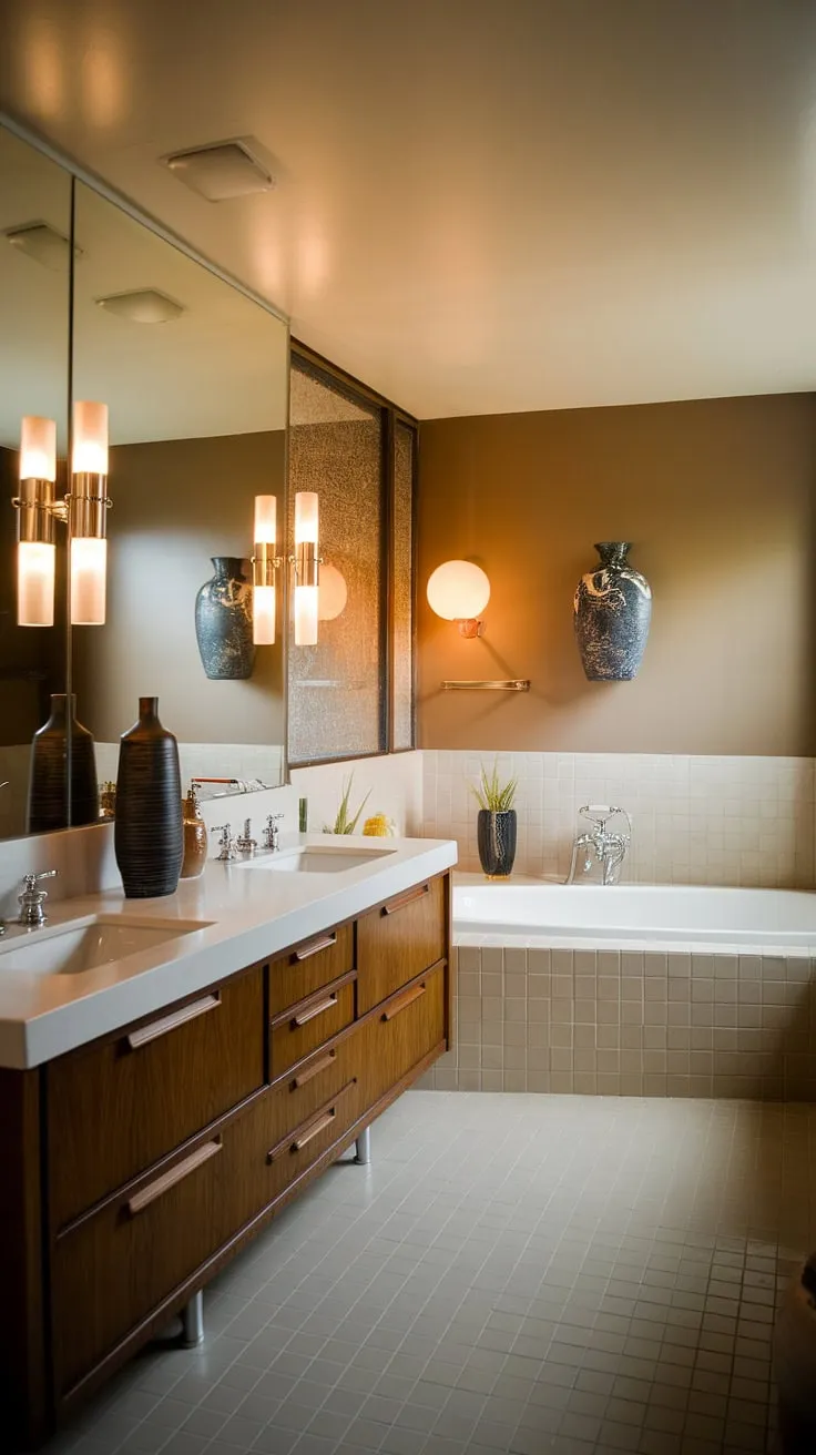 Indulge in the understated luxury of this mid-century modern bathroom. The crisp white palette, complemented by beige tile flooring, creates a calming atmosphere. Every detail, from the elegant double sink vanity to the carefully chosen decorative accents, speaks to a refined aesthetic. A true escape.