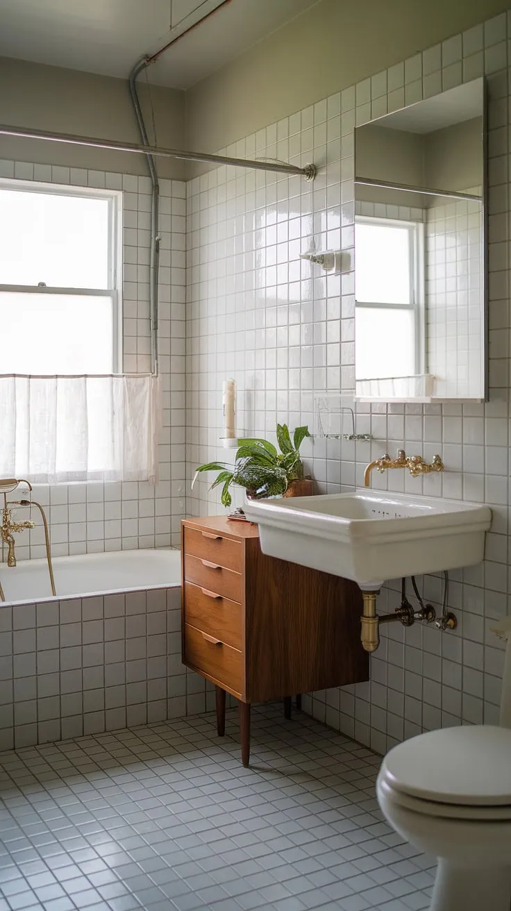 Serene simplicity meets mid-century modern in this exquisitely designed bathroom. The clean lines, brass accents, and natural wood tones create a spa-like atmosphere, perfectly complemented by the lush greenery. A true testament to timeless elegance.