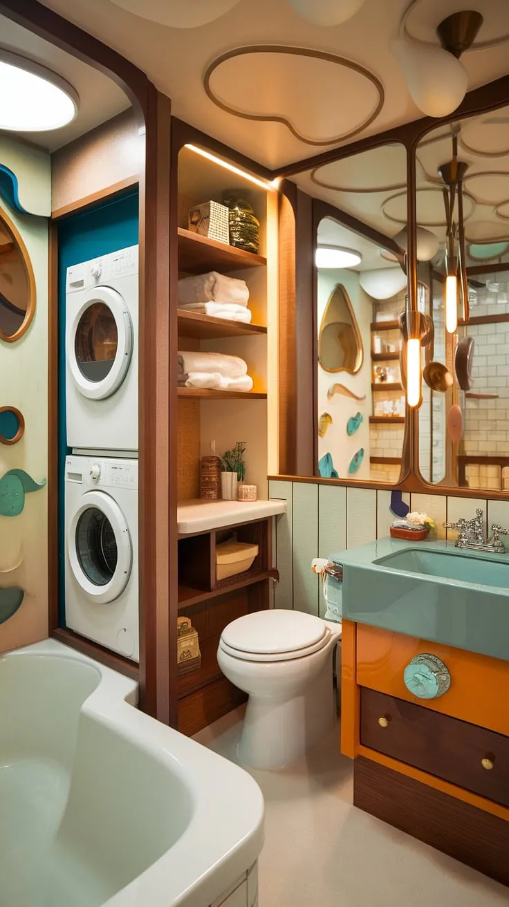 Step into a mid-century modern dream where sophisticated design meets whimsical charm. The warm wood tones and thoughtful layout seamlessly blend bathroom and laundry, creating a space that's both functional and utterly delightful. A perfect example of how retro style can feel effortlessly contemporary.