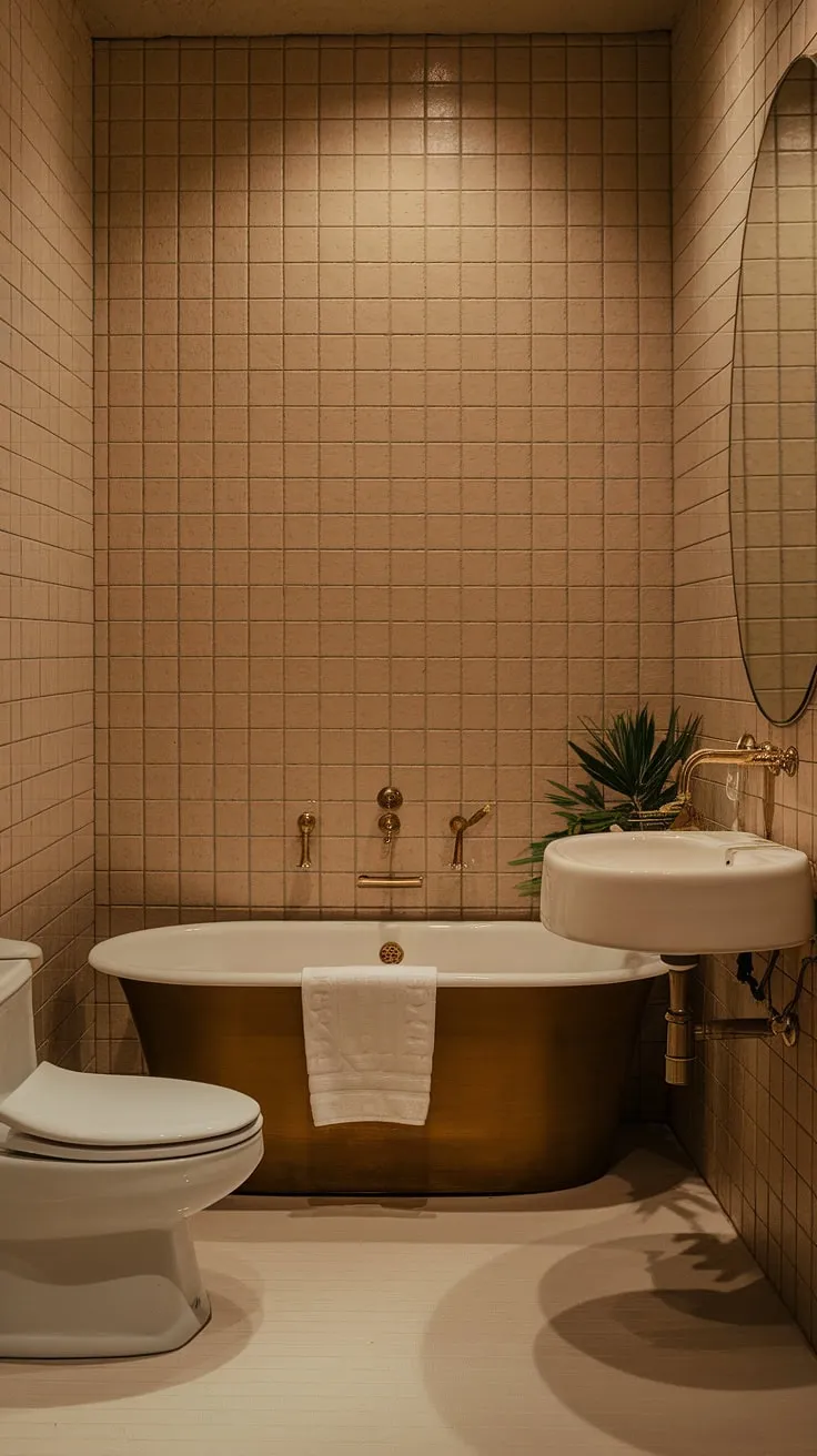 Indulge in the understated luxury of this mid-century modern bathroom. The carefully curated details, from the brass faucet to the carefully chosen tile, create a space that is both functional and aesthetically pleasing. A quiet retreat where you can unwind and reconnect.