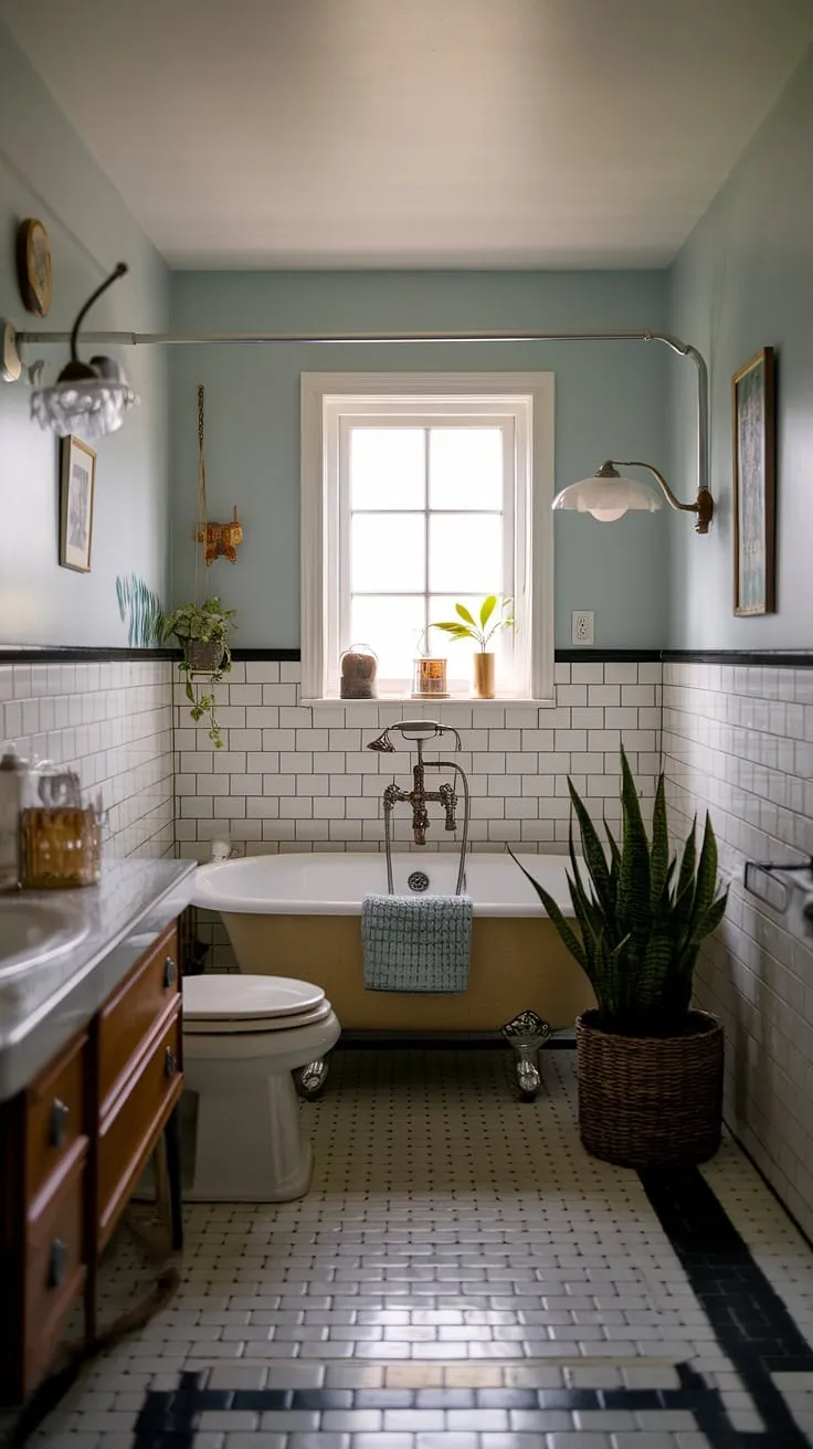 Bathed in soft light, this mid-century bathroom is a testament to timeless elegance. The playful checkered floor and powder blue walls create a backdrop for the vintage details, from the charming faucet to the carefully chosen decorative accents. A quiet corner for self-care, where every detail is thoughtfully considered.