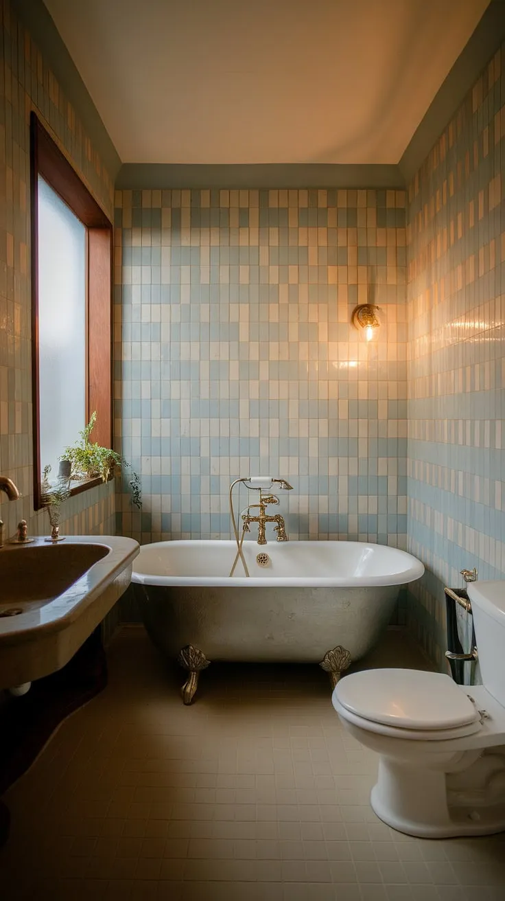 Step back in time with this mid-century modern bathroom, where sophisticated design meets timeless elegance. The unique beige and light blue tilework, vintage faucet, and freestanding tub create a serene oasis, perfectly complemented by the warm lighting and a touch of greenery. A sanctuary for relaxation and rejuvenation.