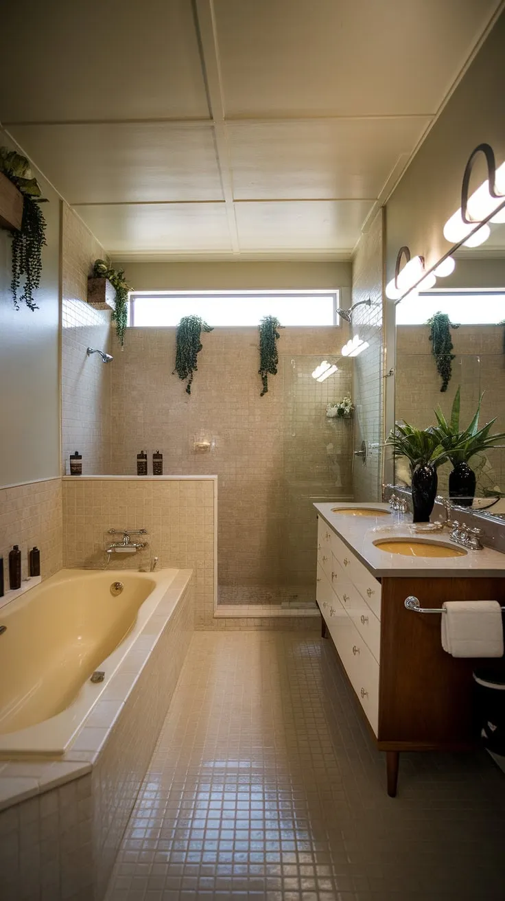 Step into serenity. This mid-century modern bathroom, with its creamy tub and dual-sink vanity, is a testament to sophisticated design. The natural light and carefully chosen plants create a spa-like atmosphere, perfect for unwinding after a long day. A truly tranquil escape.