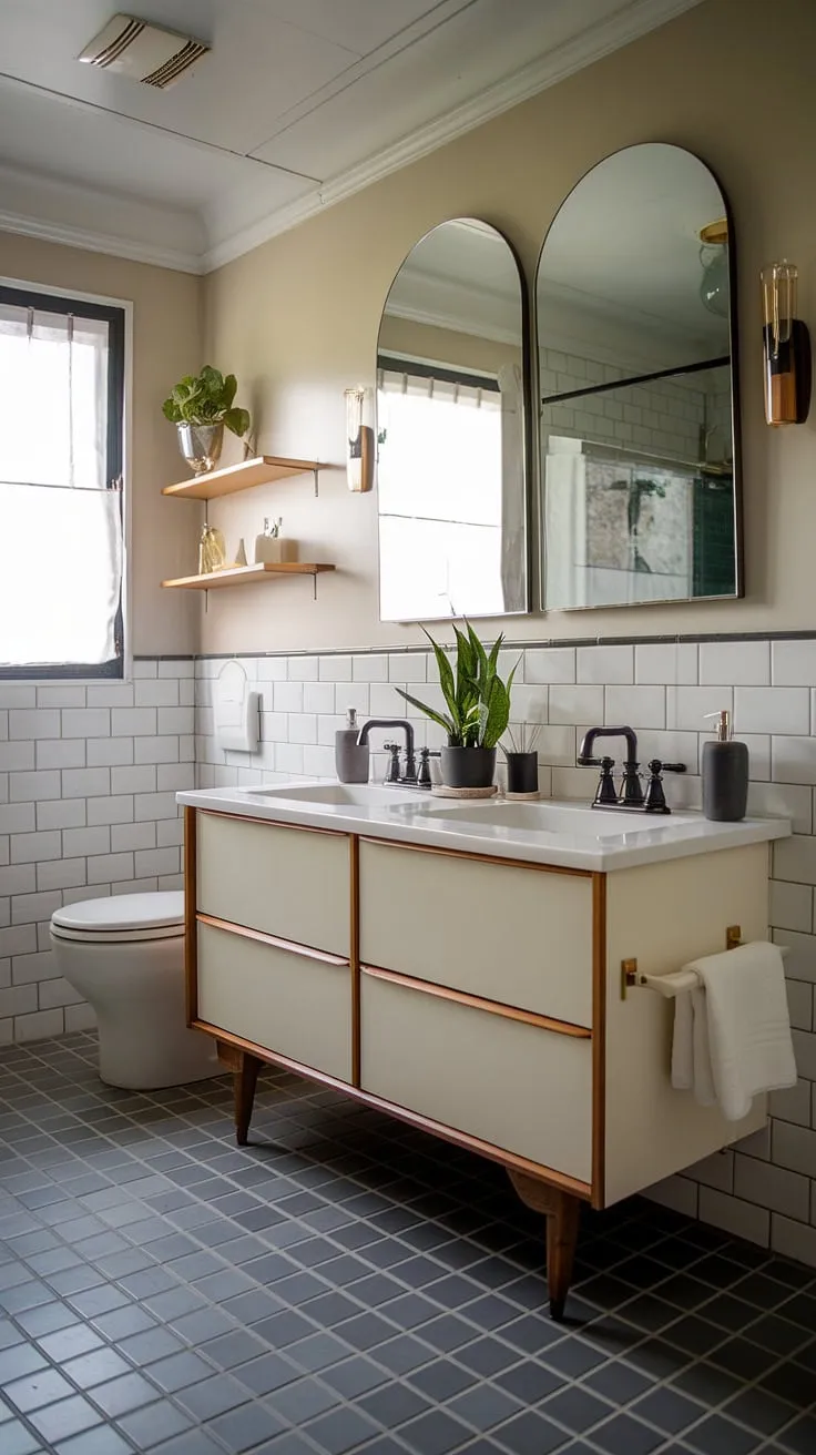 Step into serenity. This mid-century modern bathroom, with its sleek white vanity, black accents, and carefully curated plants, is a testament to sophisticated simplicity. The grey and white tiled floor adds a touch of timeless elegance, creating a space that's both functional and utterly calming.