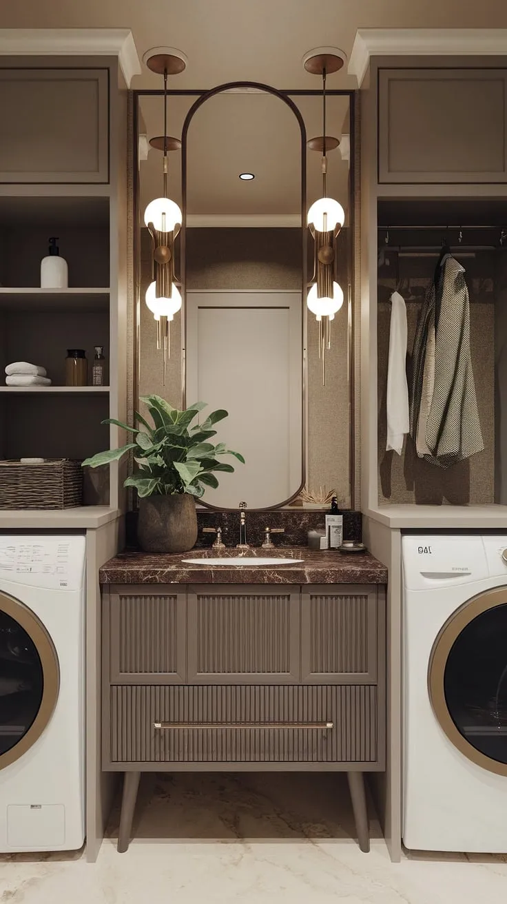 Step into a sanctuary of style and functionality. This thoughtfully designed bathroom boasts a stunning marble vanity, a captivating light fixture, and cleverly incorporated laundry facilities. The addition of a plant and decorative object adds a touch of personality, while the neutral color scheme, accented with refreshing greens, creates a sophisticated and calming retreat. A testament to seamless design and practical luxury.