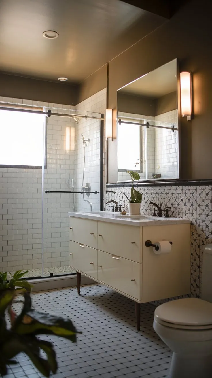 This mid-century modern bathroom is a masterclass in understated luxury. The sleek white vanity with its dual sinks, the striking black and white checkered floor, and the thoughtfully chosen patterned tile all contribute to a sophisticated and serene atmosphere. A glass-enclosed shower and carefully placed plants complete this tranquil retreat.