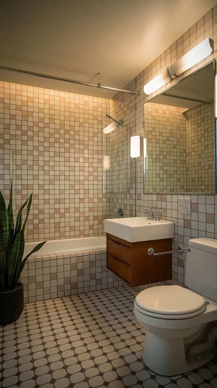 This mid-century modern bathroom is a masterclass in understated luxury. The carefully curated details, from the patterned tiles to the strategically placed plant, create a space that is both stylish and serene. A haven for relaxation and self-care, this bathroom is a dream come true. A space to unwind and rejuvenate.