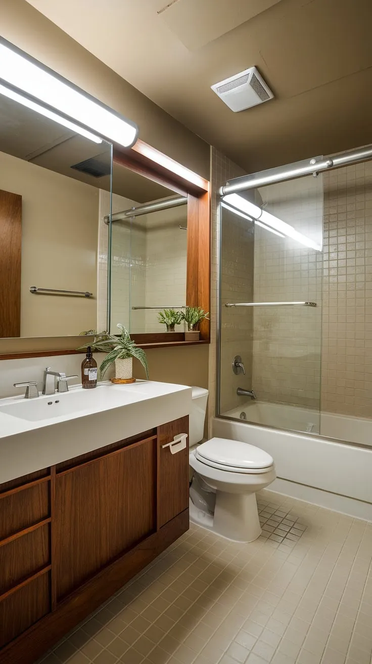 Step into serenity. This mid-century modern bathroom, with its clean lines and sophisticated design, offers a tranquil escape. The warm beige tones, complemented by the sleek white fixtures and natural wood accents, create a spa-like atmosphere. A touch of greenery adds a refreshing element to this perfectly curated space.