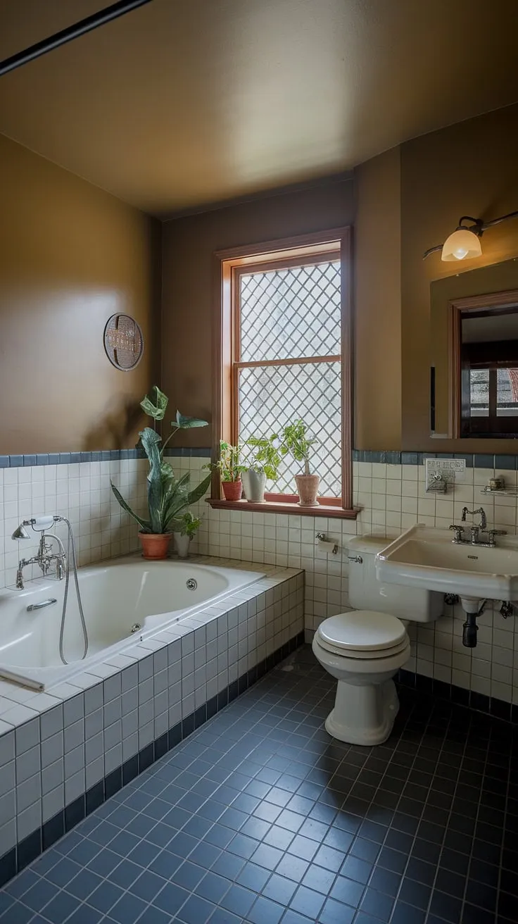 Step back in time with this mid-century modern bathroom, where sophisticated design meets tranquil relaxation. The whirlpool tub promises blissful escapes, while the vintage faucet and lattice window add a touch of timeless charm. A perfect blend of retro elegance and modern comfort.