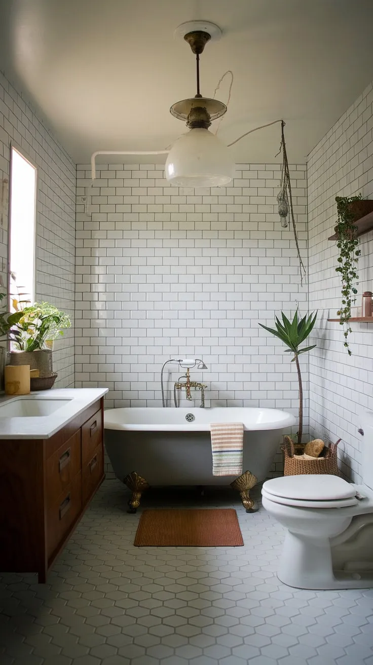 Step into serenity. This mid-century modern bathroom, with its gleaming white subway tiles, freestanding tub, and vintage light fixture, is a sanctuary of sophisticated style. The wooden vanity adds warmth, while the carefully chosen plants bring a touch of nature to this perfectly curated space. A true testament to timeless design.