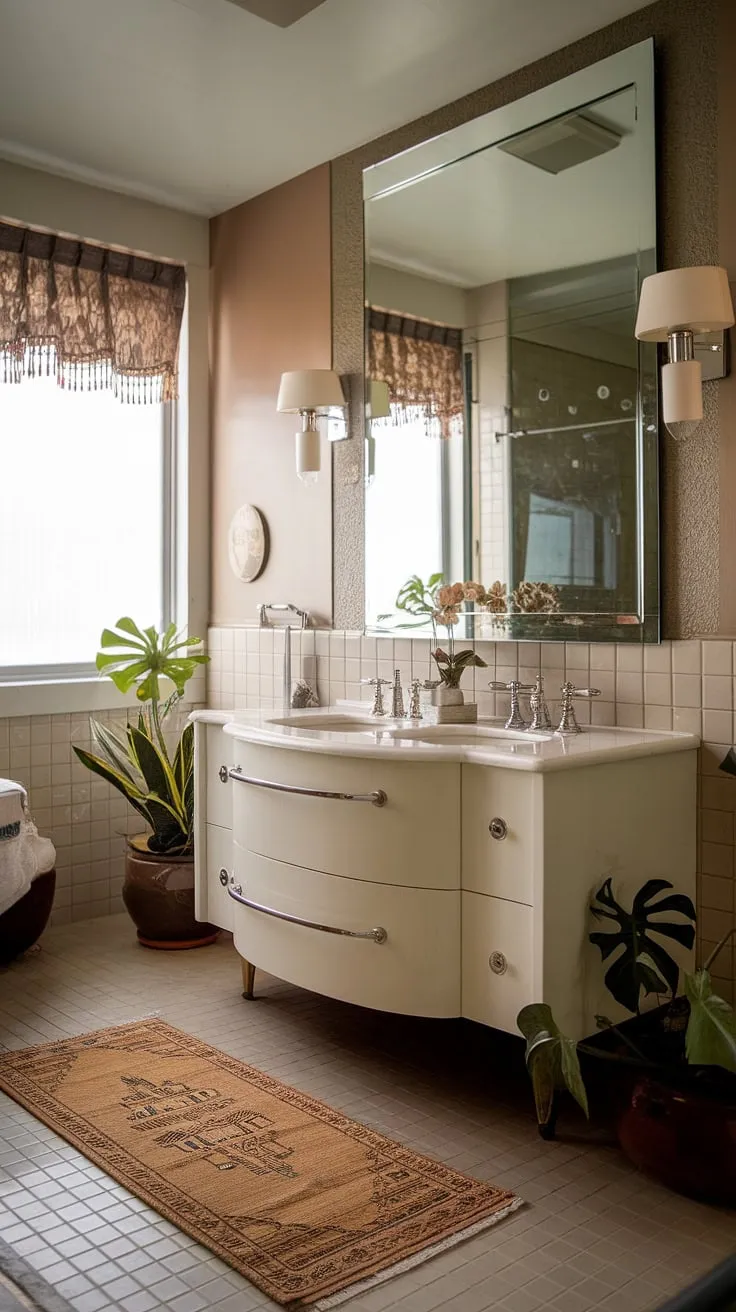 This sophisticated mid-century modern bathroom is a testament to timeless design. The elegant lines, A touch of vintage charm, and abundant natural light make it the perfect escape. A truly inspiring space.