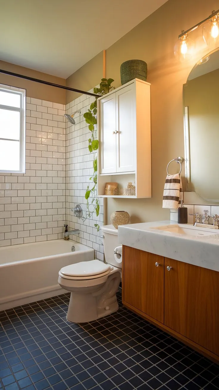 A tranquil escape awaits in this exquisitely designed mid-century modern bathroom. The neutral color palette is beautifully complemented by the pops of green, creating a space that is both serene and stylish. A testament to the enduring appeal of classic design, this bathroom offers a sophisticated retreat from the everyday.