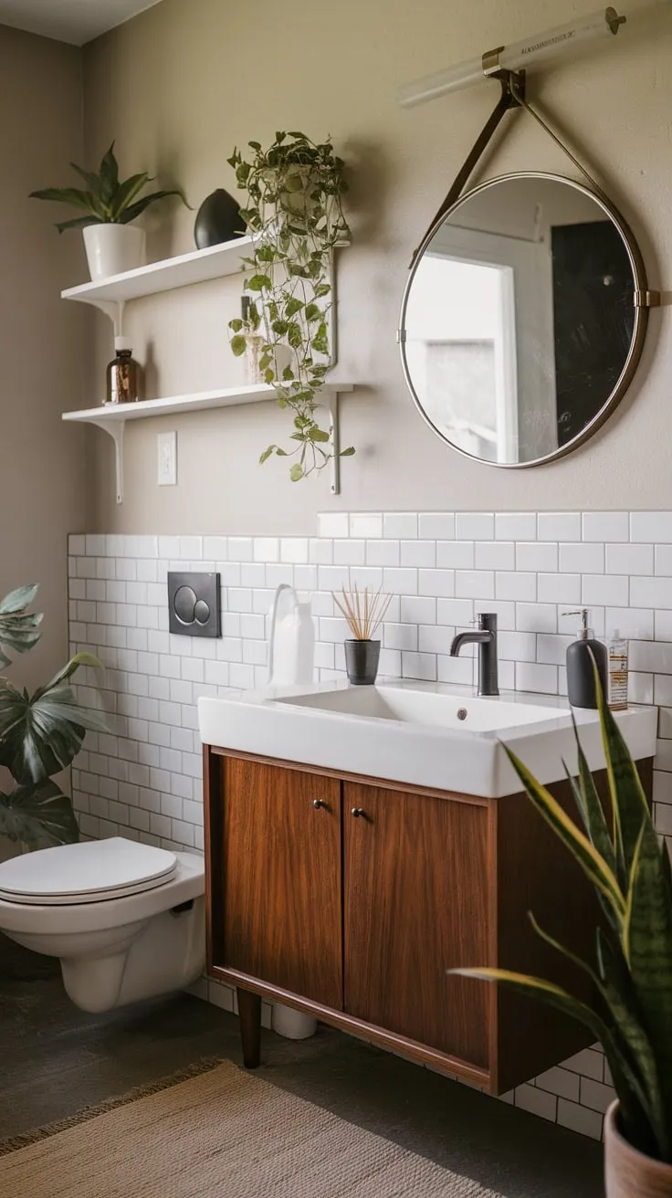Step into serenity. This mid-century modern bathroom, with its sleek black faucet and perfectly placed plants, is a testament to understated elegance. The clean lines and thoughtful details create a space that's both stylish and calming. A true sanctuary.