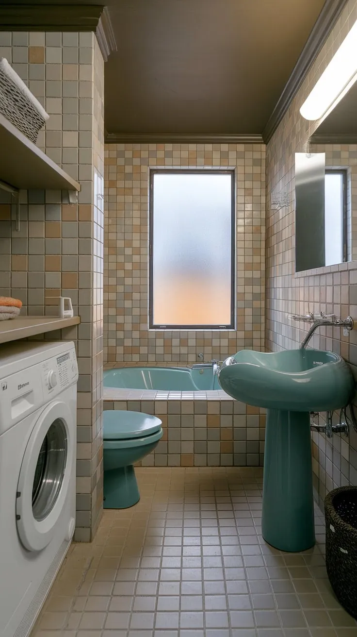 This mid-century modern bathroom is the epitome of understated elegance. The thoughtful integration of a laundry area, complete with washer, dryer, and storage, speaks to a seamless blend of functionality and style. The beige and grey tiled walls, paired with the unique sink and whirlpool tub, create a space that is both luxurious and practical. A frosted window provides natural light while maintaining privacy.