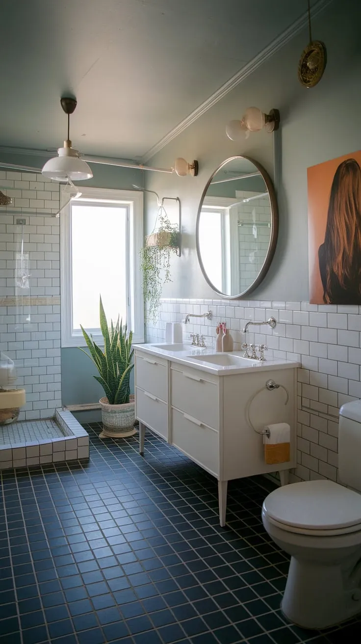 Step into a mid-century modern sanctuary where clean lines meet whimsical charm. The black and white checkered floor, a statement vanity with dual sinks, and a serene window plant create a bathroom escape that's both sophisticated and utterly calming. A framed portrait adds a touch of personal history, completing this perfectly curated space.