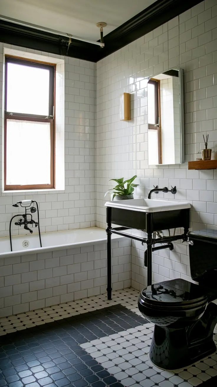 This mid-century modern bathroom is a study in contrasts: crisp white tiles meet bold black fixtures, creating a visually stunning and unexpectedly serene atmosphere. The checkered floor adds a playful touch to this impeccably designed space.