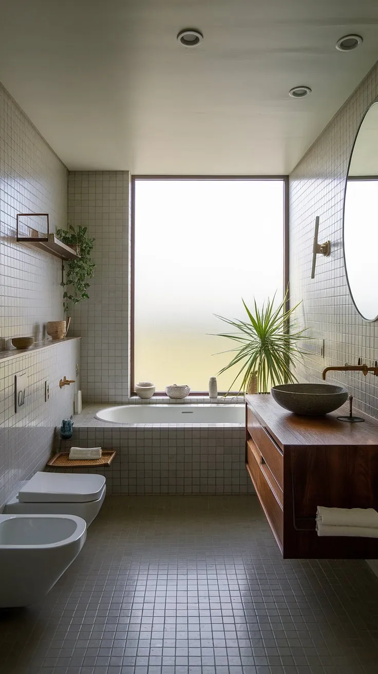 Step into serenity. This mid-century modern bathroom, with its clean lines and natural light flooding in from the large window, is a sanctuary of calm. The floating vanity and white bathtub create a sense of spaciousness, perfectly complemented by the warm tones of the wooden countertop and the lush greenery. A true testament to timeless design.