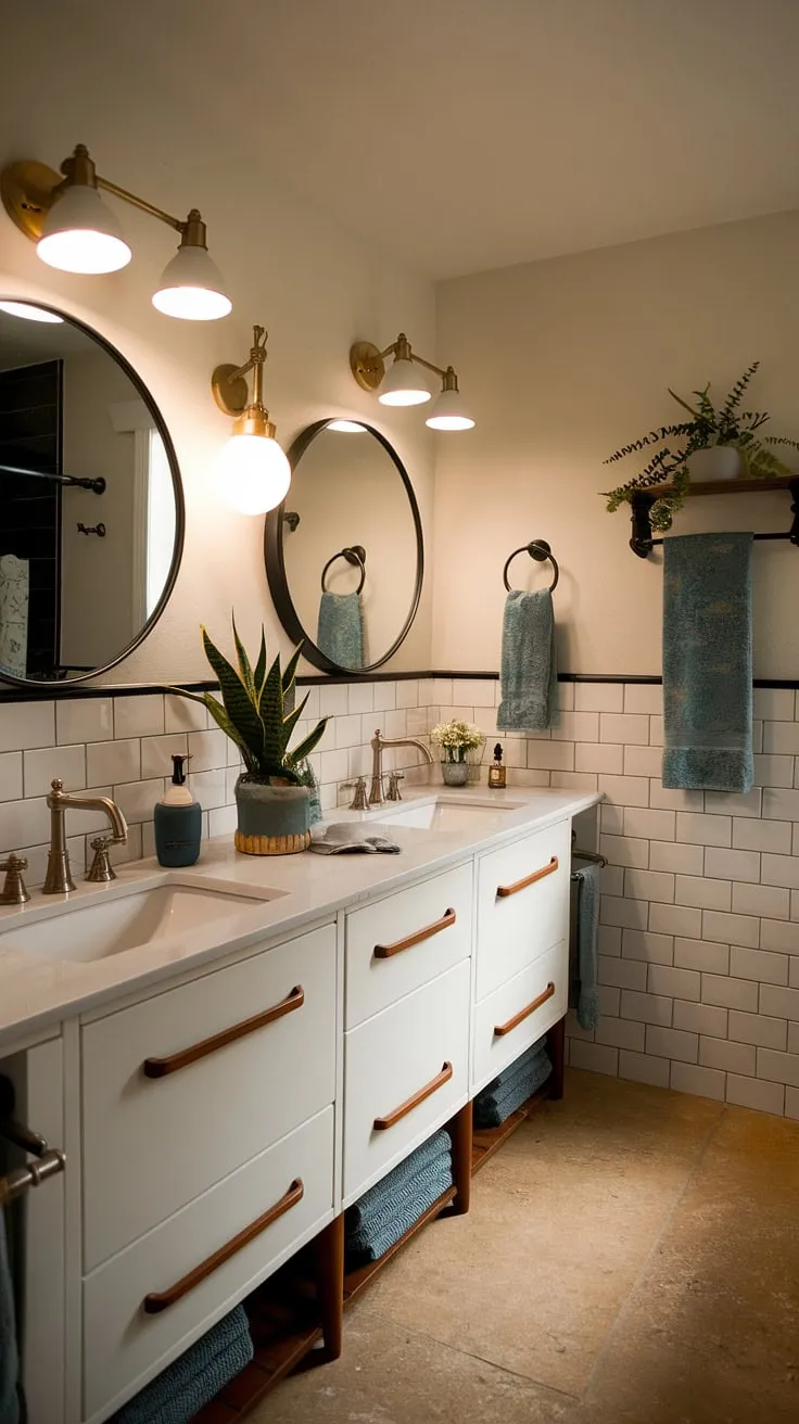 Step into a sanctuary of mid-century modern charm, where clean lines meet playful details. The white vanity, illuminated by a soft lamp, offers a tranquil space for daily rituals, enhanced by the subtle greenery and thoughtful decor. A perfect blend of sophistication and whimsy, this bathroom is a testament to timeless design.
