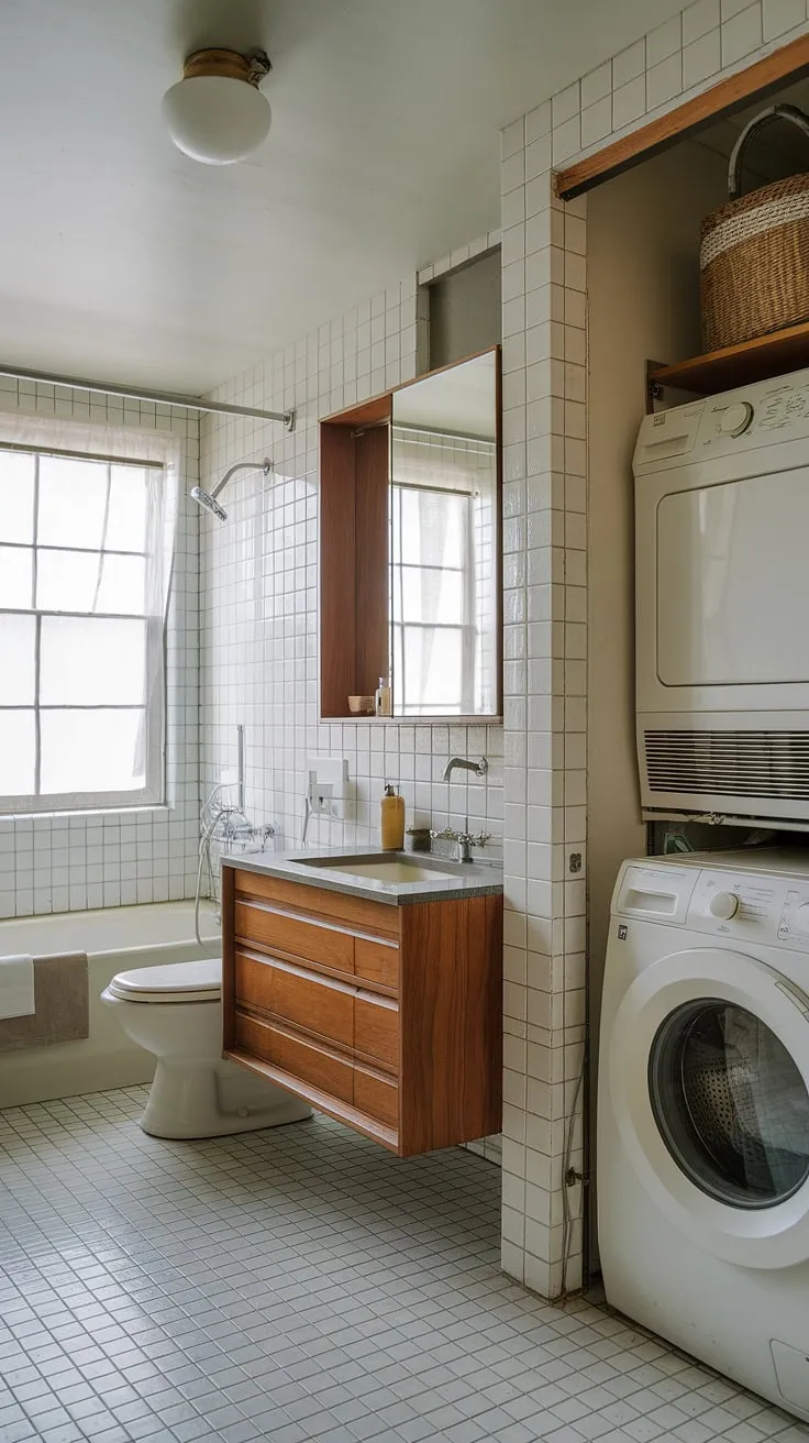 Step back in time with this impeccably preserved mid-century modern bathroom, a testament to sleek design and enduring style. The integrated laundry area adds a touch of practical elegance, seamlessly blending functionality with the sophisticated aesthetic. A true haven of calm and understated luxury.