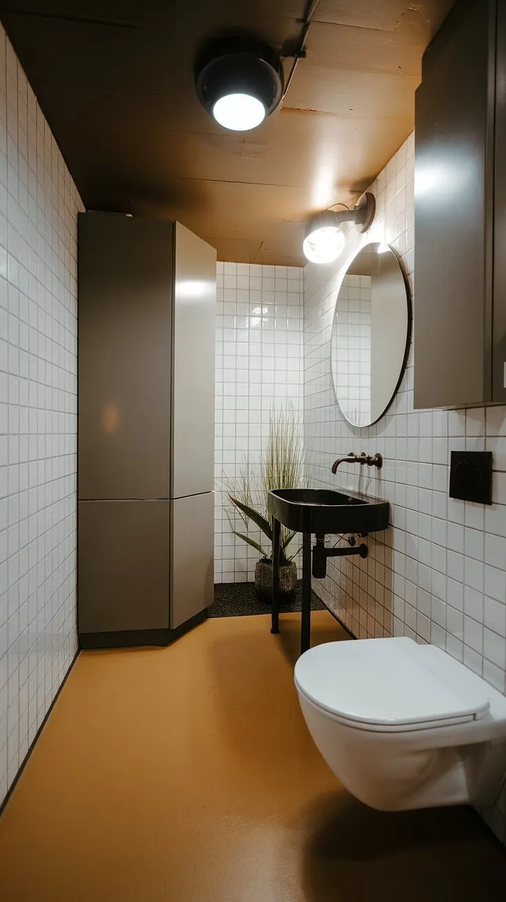 Mid-century modern design at its finest. The sleek black sink, grey cabinetry, and bright lighting create a sophisticated and calming atmosphere. A touch of greenery adds a refreshing contrast to the clean lines. A perfect example of how timeless style can be effortlessly achieved.