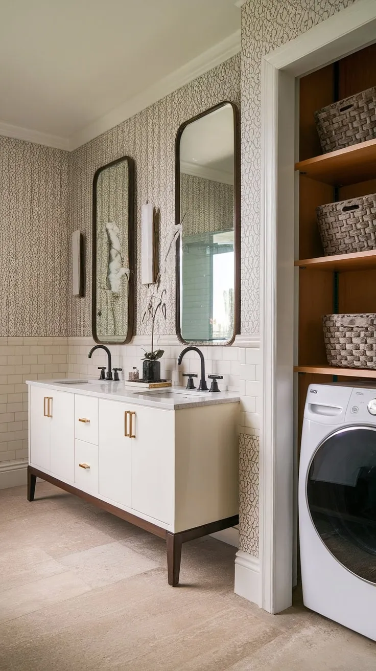 Step into a sanctuary of mid-century modern design. The sleek white double vanity, complete with black fixtures, offers a sophisticated contrast to the patterned wallpaper, while the adjacent laundry room, with its streamlined appliances and thoughtful storage, seamlessly blends practicality with style. A harmonious blend of form and function, this space effortlessly achieves a sense of calm and understated elegance.