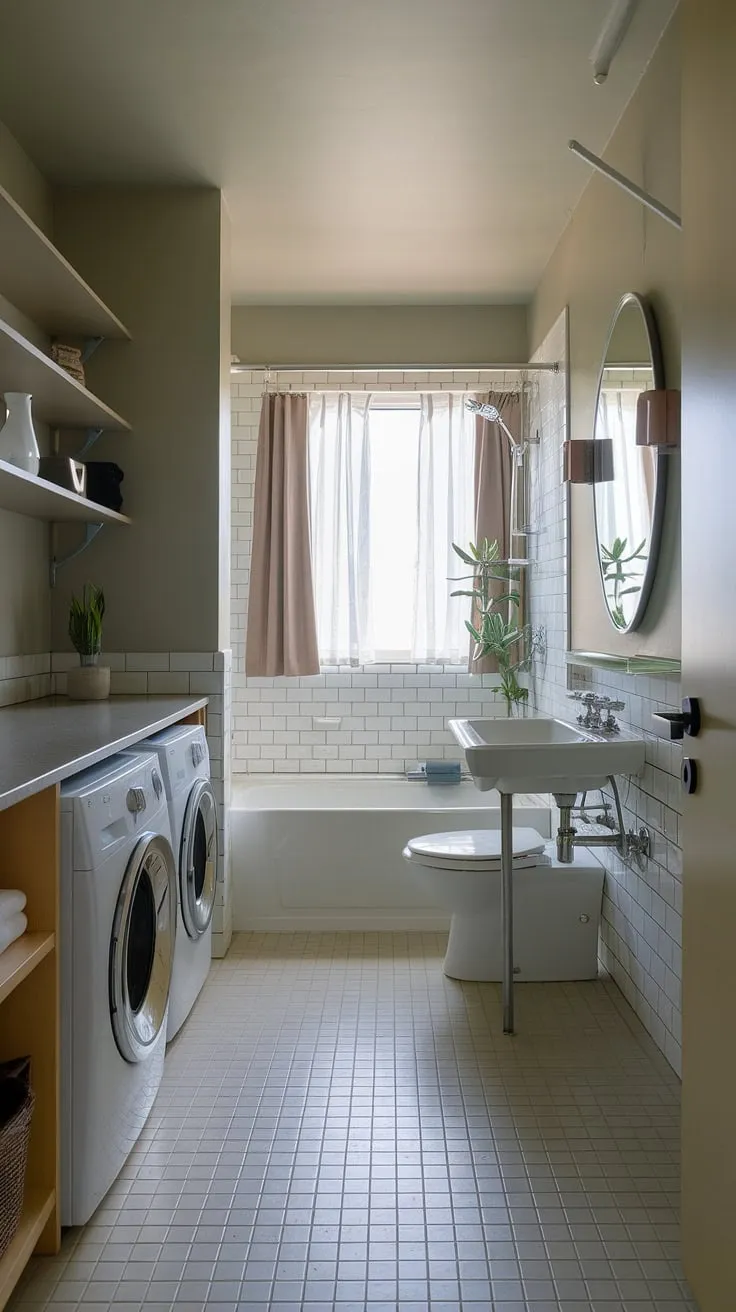 Step back in time with this flawlessly restored mid-century modern bathroom and laundry area. The sophisticated design, from the creamy walls to the gleaming white tiles, creates a serene oasis. A touch of greenery adds a calming element, perfectly complementing the era's clean lines. A truly timeless space.