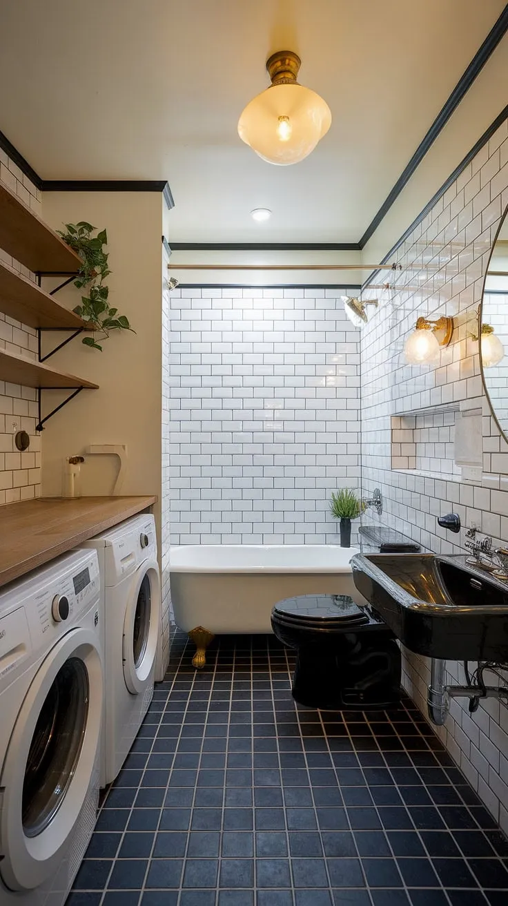 Step into a mid-century modern dream where sleek black and white fixtures meet whimsical charm. The sophisticated bathroom, complete with a pristine white tub and a playful plant, flows seamlessly into a practical yet stylish laundry room, showcasing a harmonious blend of form and function. A testament to timeless design.