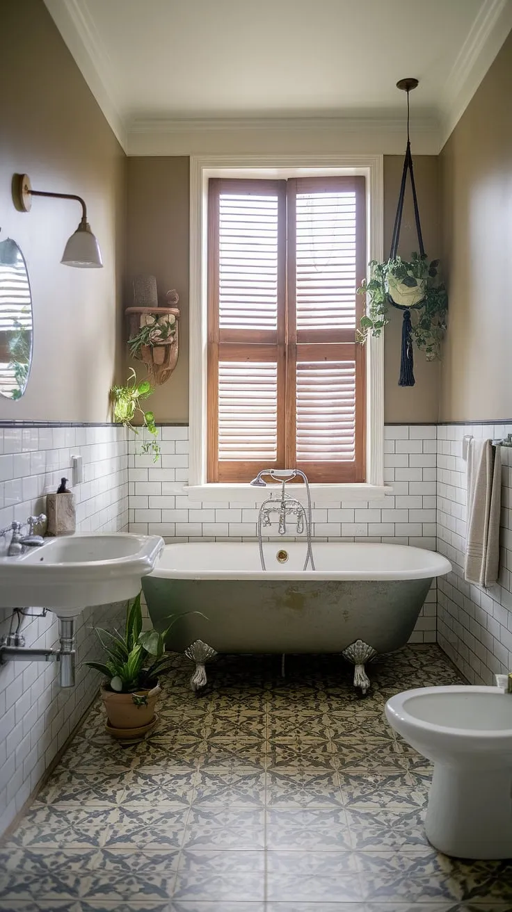 A harmonious blend of vintage elegance and modern comfort defines this mid-century bathroom. The carefully curated details, from the charming louvered window to the thoughtfully placed plants, create a space that is both sophisticated and inviting. A perfect escape for the soul.