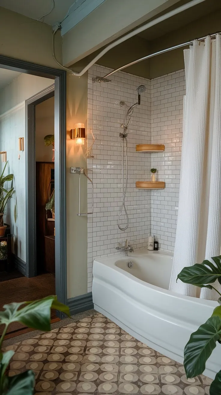 The epitome of understated elegance. This mid-century bathroom boasts a timeless design, blending clean lines with organic textures. The white bathtub, accented by the patterned floor and thoughtfully placed plants, creates a calming oasis. A simple sconce and small shelves add a touch of personality, making this space feel both luxurious and inviting. A perfect example of how less can be more.